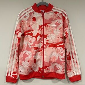 ADIDAS Girls Track Jacket Pink Hawaiian Floral Monstera Zip Up Size Small 9-10yr